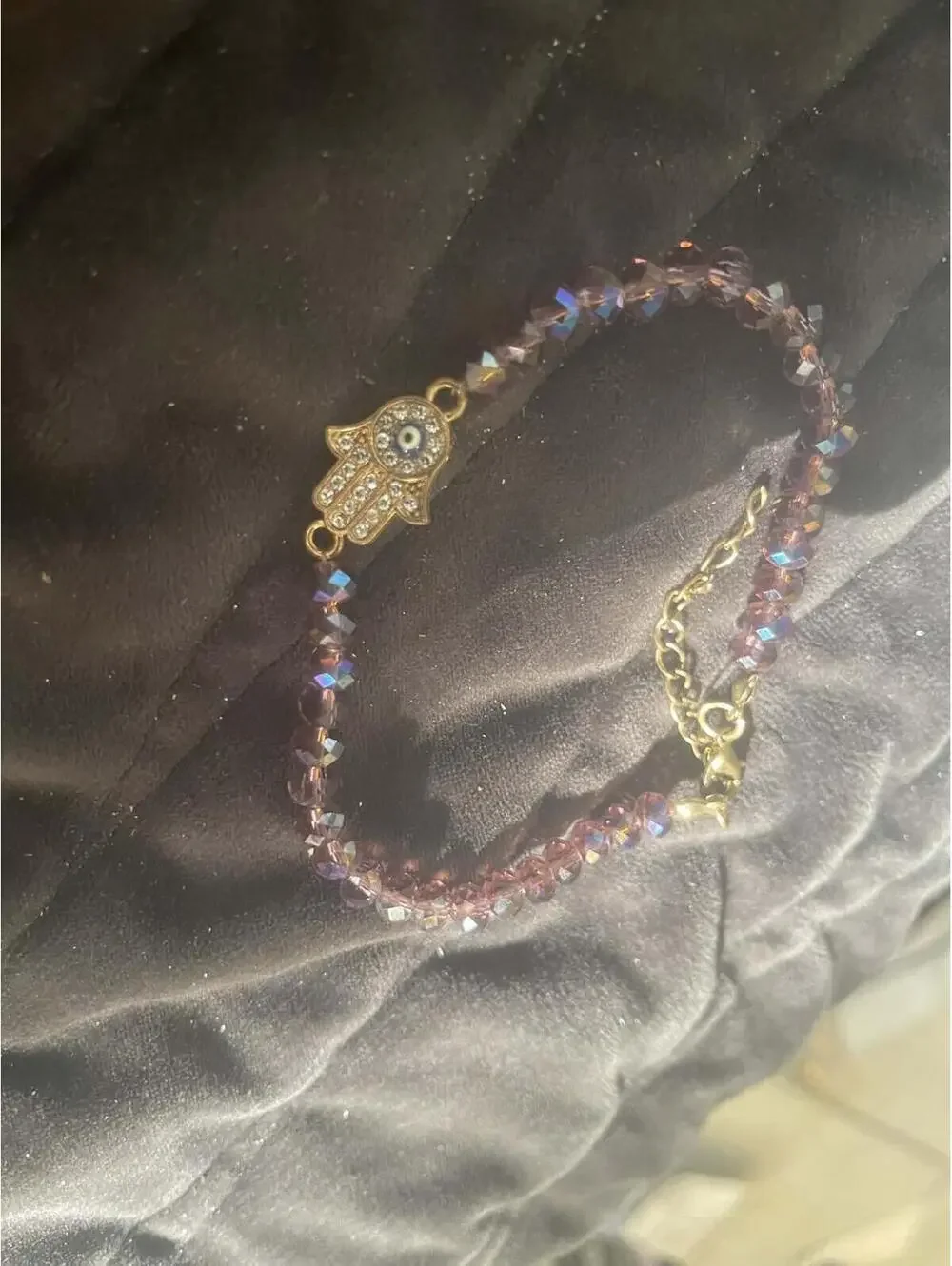 Hamsa Hand Purple Beaded Bracelet with Gold Tone Accents